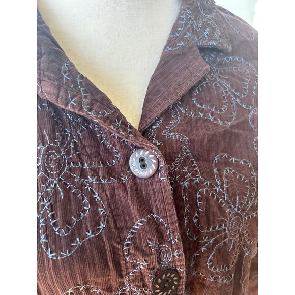 FLAX Brown Corduroy & Blue Floral Embroidery Button Up Jacket - Picture 2 of 6